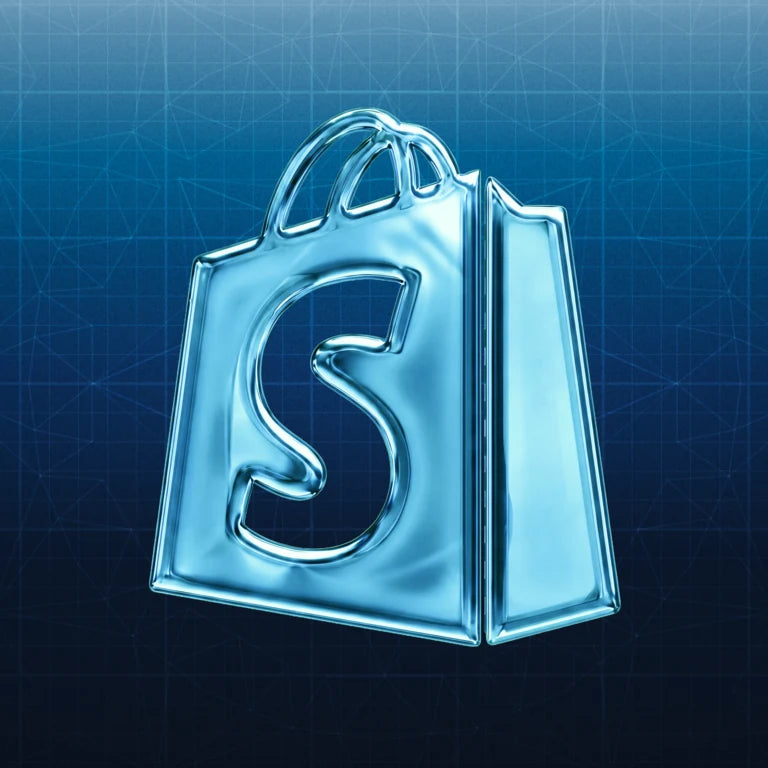 A chrome, liquid-metal Shopify shopping bag logo floating at the center of a deep blue gradient background patterned with a faint geometric grid and constellation lines.
