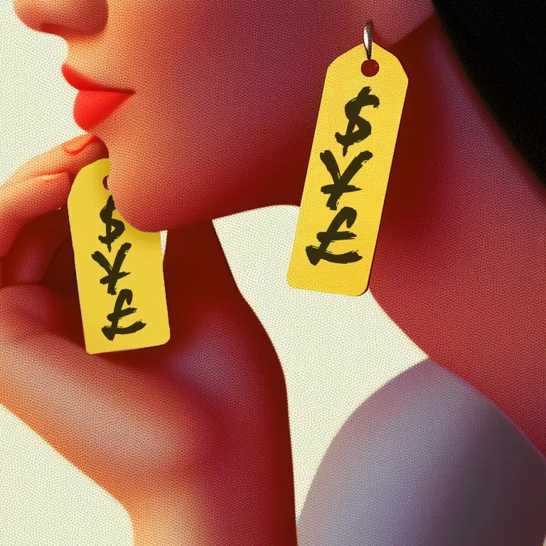 Person trying on a pair of earrings with currency symbols.